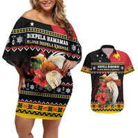 Papua New Guinea Christmas Couples Matching Off Shoulder Short Dress and Hawaiian Shirt Bird Of Paradise Hamamas Krismas LT05 Black - Polynesian Pride