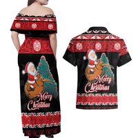 New Zealand Christmas Couples Matching Off Shoulder Maxi Dress and Hawaiian Shirt Funny Santa Riding Kiwi Meri Kirihimete LT05 - Polynesian Pride