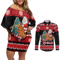 New Zealand Christmas Couples Matching Off Shoulder Short Dress and Long Sleeve Button Shirt Funny Santa Riding Kiwi Meri Kirihimete LT05 Black - Polynesian Pride