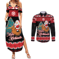 New Zealand Christmas Couples Matching Summer Maxi Dress and Long Sleeve Button Shirt Funny Santa Riding Kiwi Meri Kirihimete LT05 Black - Polynesian Pride