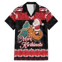 New Zealand Christmas Family Matching Mermaid Dress and Hawaiian Shirt Funny Santa Riding Kiwi Meri Kirihimete LT05 Dad's Shirt - Short Sleeve Black - Polynesian Pride