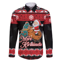 New Zealand Christmas Family Matching Off The Shoulder Long Sleeve Dress and Hawaiian Shirt Funny Santa Riding Kiwi Meri Kirihimete LT05 Dad's Shirt - Long Sleeve Black - Polynesian Pride