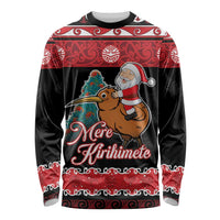 New Zealand Christmas Long Sleeve Shirt Funny Santa Riding Kiwi Meri Kirihimete LT05 Unisex Black - Polynesian Pride