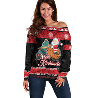 New Zealand Christmas Off Shoulder Sweater Funny Santa Riding Kiwi Meri Kirihimete LT05 Women Black - Polynesian Pride
