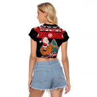 New Zealand Christmas Raglan Cropped T Shirt Funny Santa Riding Kiwi Meri Kirihimete