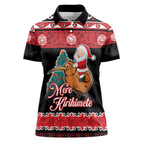 New Zealand Christmas Women Polo Shirt Funny Santa Riding Kiwi Meri Kirihimete LT05 Female Black - Polynesian Pride