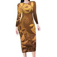 Tiare Tahiti Family Matching Long Sleeve Bodycon Dress and Hawaiian Shirt Brown Polynesia Motifs LT05 Mom's Dress Brown - Polynesian Pride