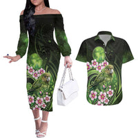 New Zealand Aotearoa Kakapo Couples Matching Off The Shoulder Long Sleeve Dress and Hawaiian Shirt Maori Pattern With Manuka Galaxy Style LT05 Green - Polynesian Pride