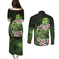 New Zealand Aotearoa Kakapo Couples Matching Puletasi and Long Sleeve Button Shirt Maori Pattern With Manuka Galaxy Style - Polynesian Pride