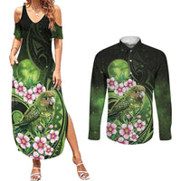 New Zealand Aotearoa Kakapo Couples Matching Summer Maxi Dress and Long Sleeve Button Shirt Maori Pattern With Manuka Galaxy Style - Polynesian Pride