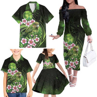 New Zealand Aotearoa Kakapo Family Matching Off The Shoulder Long Sleeve Dress and Hawaiian Shirt Maori Pattern With Manuka Galaxy Style - Polynesian Pride
