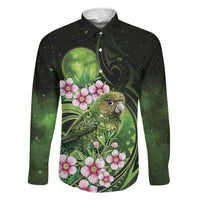 New Zealand Aotearoa Kakapo Family Matching Off Shoulder Maxi Dress and Hawaiian Shirt Maori Pattern With Manuka Galaxy Style LT05 Dad's Shirt - Long Sleeve Green - Polynesian Pride