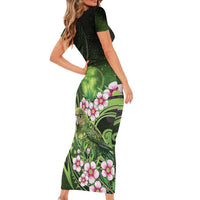 New Zealand Aotearoa Kakapo Short Sleeve Bodycon Dress Maori Pattern With Manuka Galaxy Style - Polynesian Pride