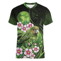 New Zealand Aotearoa Kakapo Women V-Neck T-Shirt Maori Pattern With Manuka Galaxy Style - Polynesian Pride
