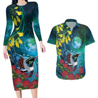 New Zealand Tui Bird Couples Matching Long Sleeve Bodycon Dress and Hawaiian Shirt Maori Koru With Pohutukawa Galaxy Style LT05 Blue - Polynesian Pride