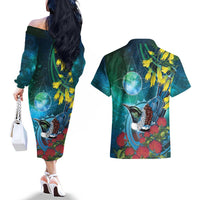 New Zealand Tui Bird Couples Matching Off The Shoulder Long Sleeve Dress and Hawaiian Shirt Maori Koru With Pohutukawa Galaxy Style LT05 - Polynesian Pride