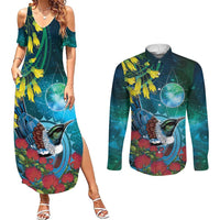 New Zealand Tui Bird Couples Matching Summer Maxi Dress and Long Sleeve Button Shirt Maori Koru With Pohutukawa Galaxy Style LT05 Blue - Polynesian Pride