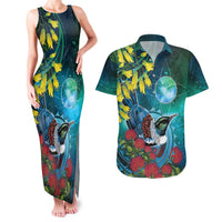 New Zealand Tui Bird Couples Matching Tank Maxi Dress and Hawaiian Shirt Maori Koru With Pohutukawa Galaxy Style LT05 Blue - Polynesian Pride