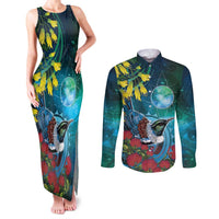 New Zealand Tui Bird Couples Matching Tank Maxi Dress and Long Sleeve Button Shirt Maori Koru With Pohutukawa Galaxy Style - Polynesian Pride