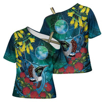 New Zealand Tui Bird Cross Shoulder Shirt Maori Koru With Pohutukawa Galaxy Style - Polynesian Pride