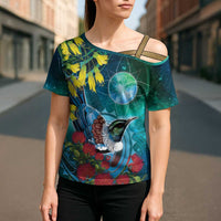 New Zealand Tui Bird Cross Shoulder Shirt Maori Koru With Pohutukawa Galaxy Style - Polynesian Pride