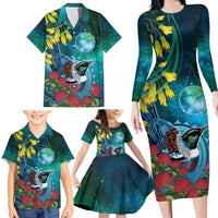 New Zealand Tui Bird Family Matching Long Sleeve Bodycon Dress and Hawaiian Shirt Maori Koru With Pohutukawa Galaxy Style LT05 - Polynesian Pride