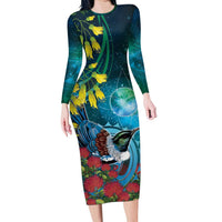 New Zealand Tui Bird Family Matching Long Sleeve Bodycon Dress and Hawaiian Shirt Maori Koru With Pohutukawa Galaxy Style LT05 Blue - Polynesian Pride