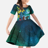 New Zealand Tui Bird Family Matching Off The Shoulder Long Sleeve Dress and Hawaiian Shirt Maori Koru With Pohutukawa Galaxy Style LT05 Daughter's Dress Blue - Polynesian Pride