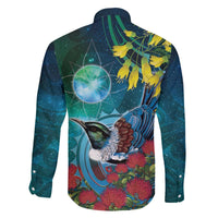 New Zealand Tui Bird Family Matching Off The Shoulder Long Sleeve Dress and Hawaiian Shirt Maori Koru With Pohutukawa Galaxy Style - Polynesian Pride