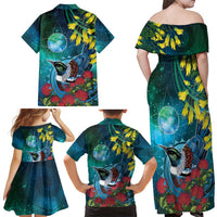 New Zealand Tui Bird Family Matching Off Shoulder Maxi Dress and Hawaiian Shirt Maori Koru With Pohutukawa Galaxy Style LT05 - Polynesian Pride