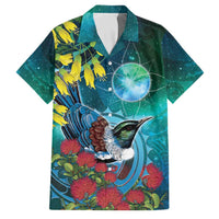 New Zealand Tui Bird Family Matching Off Shoulder Maxi Dress and Hawaiian Shirt Maori Koru With Pohutukawa Galaxy Style LT05 Dad's Shirt - Short Sleeve Blue - Polynesian Pride