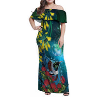 New Zealand Tui Bird Family Matching Off Shoulder Maxi Dress and Hawaiian Shirt Maori Koru With Pohutukawa Galaxy Style LT05 Blue - Polynesian Pride