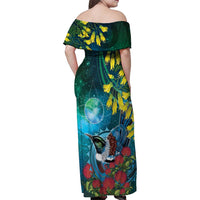 New Zealand Tui Bird Family Matching Off Shoulder Maxi Dress and Hawaiian Shirt Maori Koru With Pohutukawa Galaxy Style LT05 - Polynesian Pride