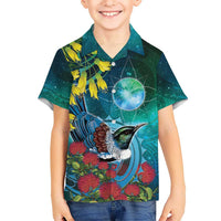 New Zealand Tui Bird Family Matching Off Shoulder Maxi Dress and Hawaiian Shirt Maori Koru With Pohutukawa Galaxy Style LT05 - Polynesian Pride