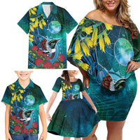 New Zealand Tui Bird Family Matching Off Shoulder Short Dress and Hawaiian Shirt Maori Koru With Pohutukawa Galaxy Style LT05 - Polynesian Pride