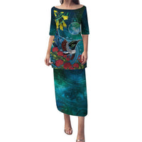 New Zealand Tui Bird Family Matching Puletasi and Hawaiian Shirt Maori Koru With Pohutukawa Galaxy Style LT05 Blue - Polynesian Pride