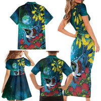 New Zealand Tui Bird Family Matching Short Sleeve Bodycon Dress and Hawaiian Shirt Maori Koru With Pohutukawa Galaxy Style LT05 - Polynesian Pride