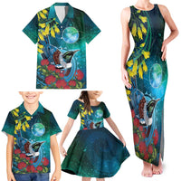 New Zealand Tui Bird Family Matching Tank Maxi Dress and Hawaiian Shirt Maori Koru With Pohutukawa Galaxy Style LT05 - Polynesian Pride