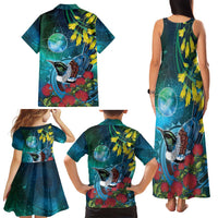 New Zealand Tui Bird Family Matching Tank Maxi Dress and Hawaiian Shirt Maori Koru With Pohutukawa Galaxy Style LT05 - Polynesian Pride