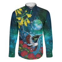 New Zealand Tui Bird Family Matching Tank Maxi Dress and Hawaiian Shirt Maori Koru With Pohutukawa Galaxy Style LT05 Dad's Shirt - Long Sleeve Blue - Polynesian Pride