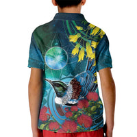 New Zealand Tui Bird Kid Polo Shirt Maori Koru With Pohutukawa Galaxy Style - Polynesian Pride