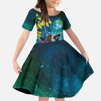 New Zealand Tui Bird Kid Short Sleeve Dress Maori Koru With Pohutukawa Galaxy Style - Polynesian Pride