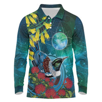 New Zealand Tui Bird Long Sleeve Polo Shirt Maori Koru With Pohutukawa Galaxy Style - Polynesian Pride