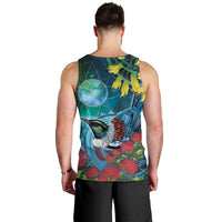New Zealand Tui Bird Men Tank Top Maori Koru With Pohutukawa Galaxy Style - Polynesian Pride