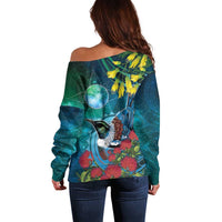 New Zealand Tui Bird Off Shoulder Sweater Maori Koru With Pohutukawa Galaxy Style - Polynesian Pride