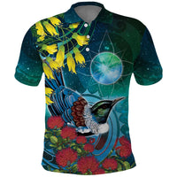 New Zealand Tui Bird Polo Shirt Maori Koru With Pohutukawa Galaxy Style - Polynesian Pride