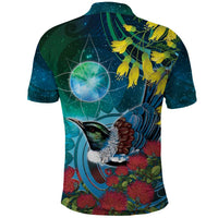 New Zealand Tui Bird Polo Shirt Maori Koru With Pohutukawa Galaxy Style - Polynesian Pride
