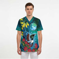 New Zealand Tui Bird Scrub Top Maori Koru With Pohutukawa Galaxy Style - Polynesian Pride