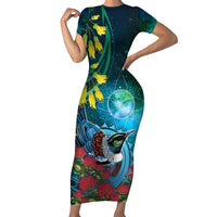 New Zealand Tui Bird Short Sleeve Bodycon Dress Maori Koru With Pohutukawa Galaxy Style - Polynesian Pride