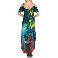 New Zealand Tui Bird Summer Maxi Dress Maori Koru With Pohutukawa Galaxy Style - Polynesian Pride